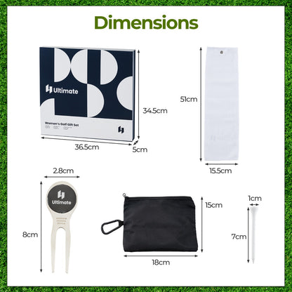Dimensions diagram for the golf accessory set, showing sizes of box, towel, pouch, and tees