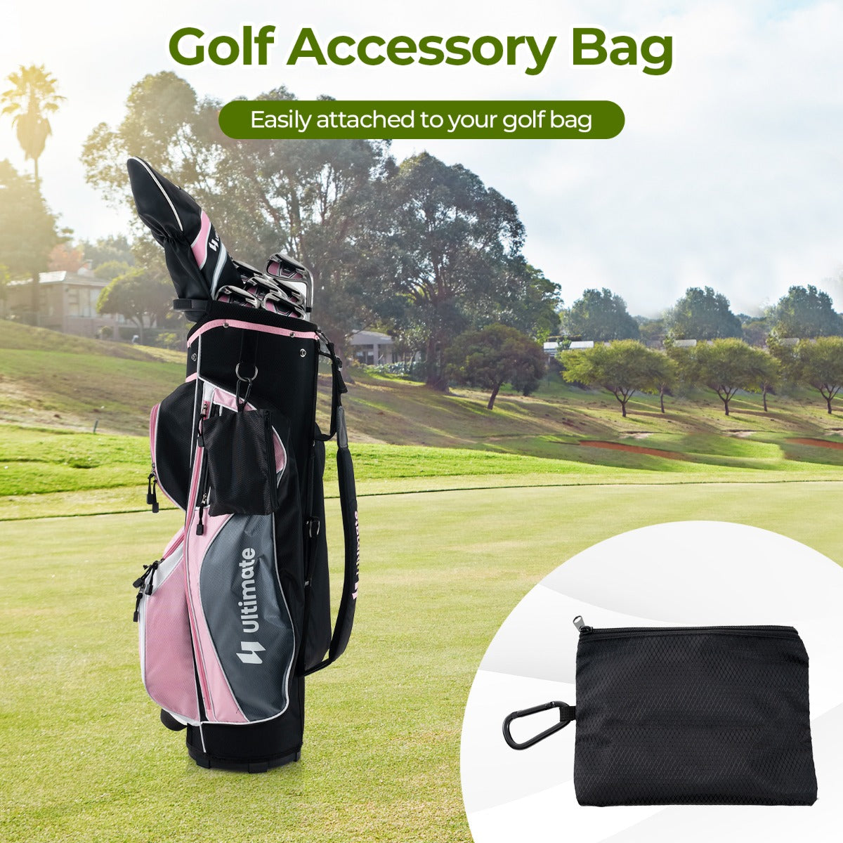 Pink and black golf bag with clubs and a small accessory pouch