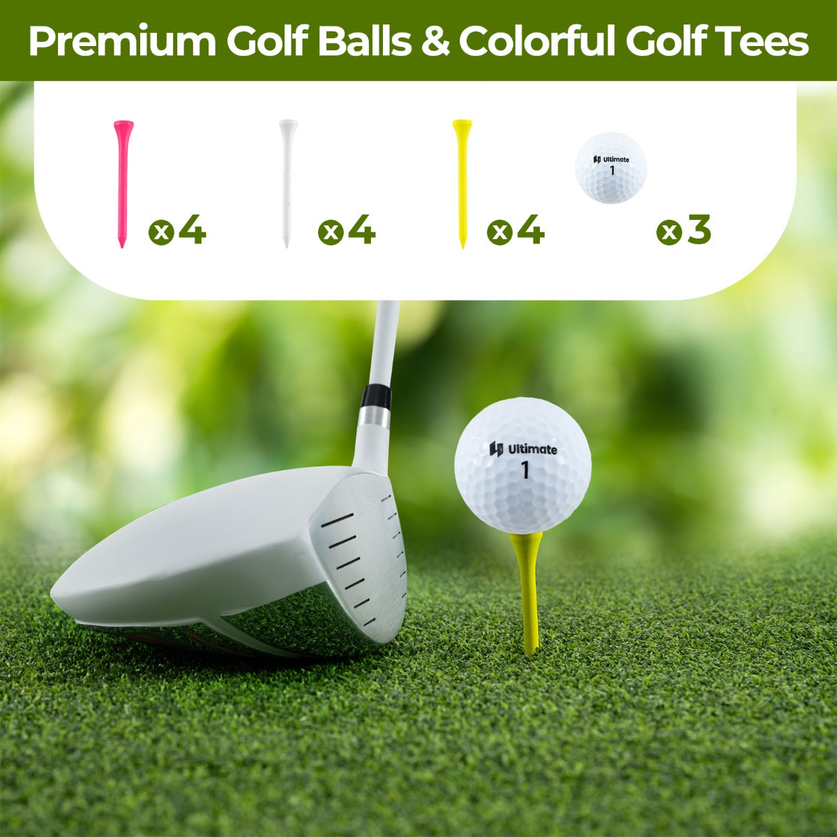 Close-up of premium golf balls and colourful golf tees on a golf course