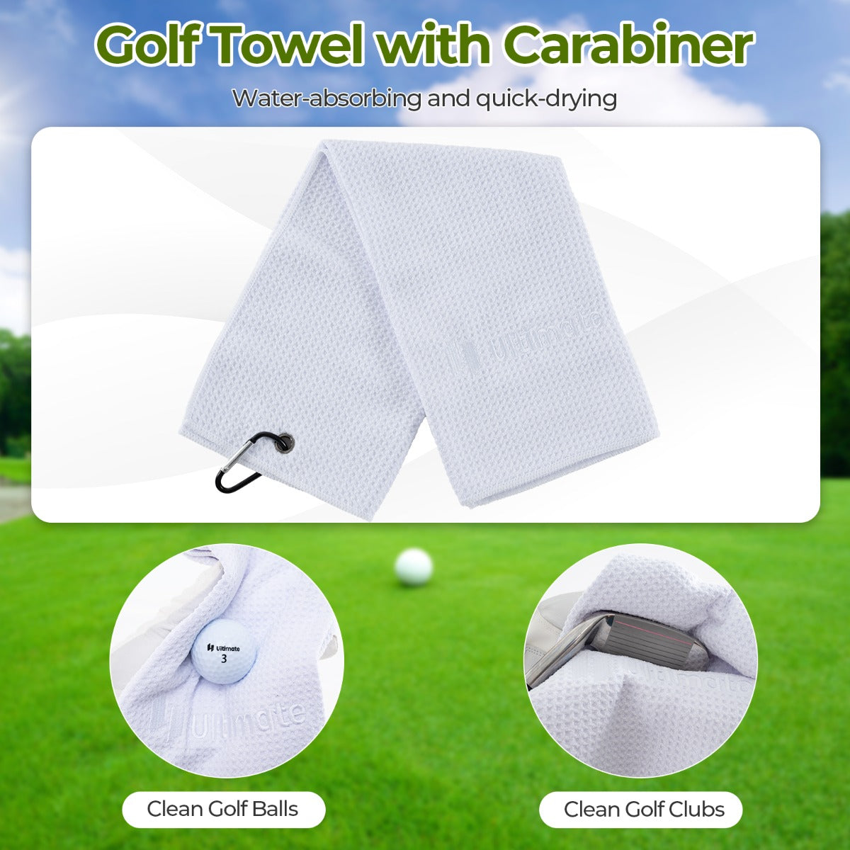 White golf towel with carabiner and close-ups of clean golf balls and clubs