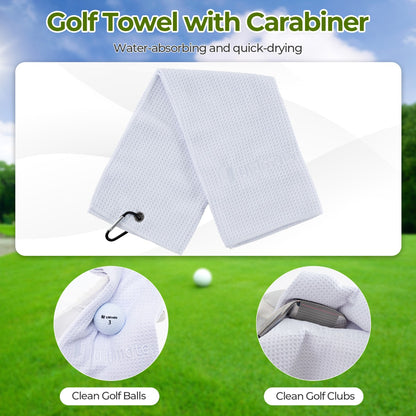 White golf towel with carabiner and close-ups of clean golf balls and clubs