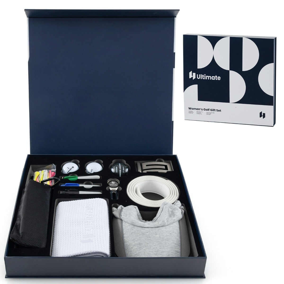 Complete Golf Accessories Set laid out in a dark blue box, showing all items