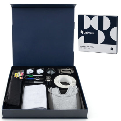 Complete Golf Accessories Set laid out in a dark blue box, showing all items