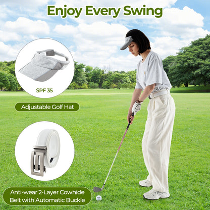 Woman wearing a golf hat and belt, playing golf, showing the golf set in use