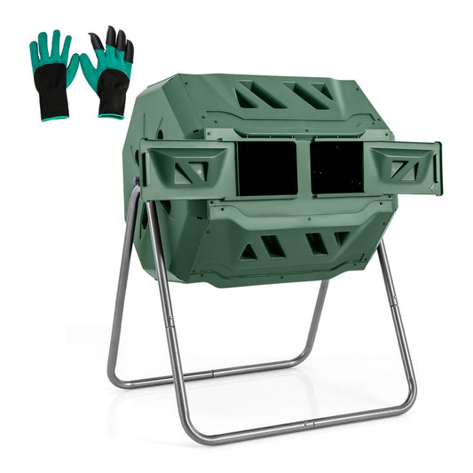 Compost Bin 160L Dual Chamber Composting Tumbler with sliding doors in green with a pair of gardening gloves
