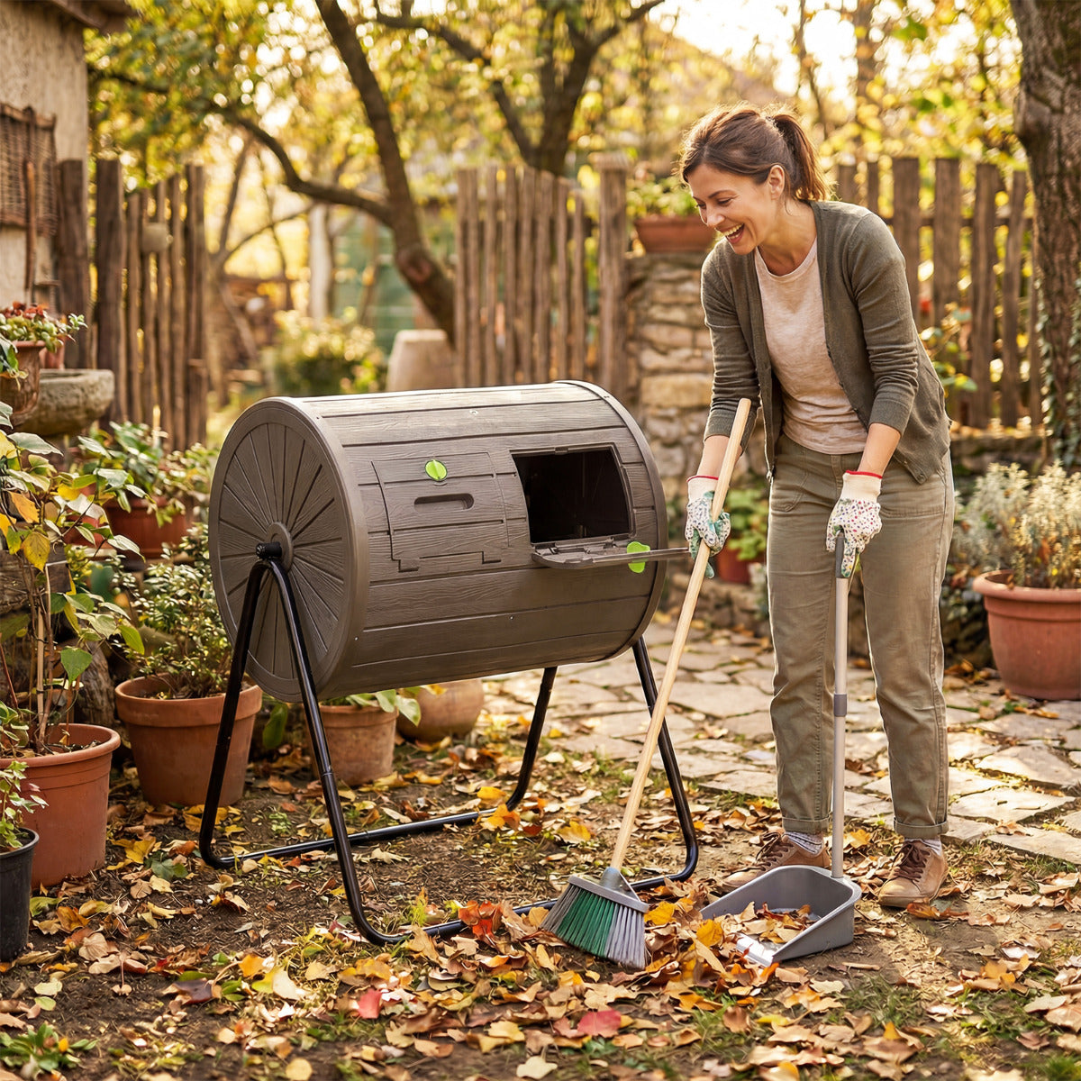 142  Large Outdoor Compost Tumbler with Dual Chambers-Coffee