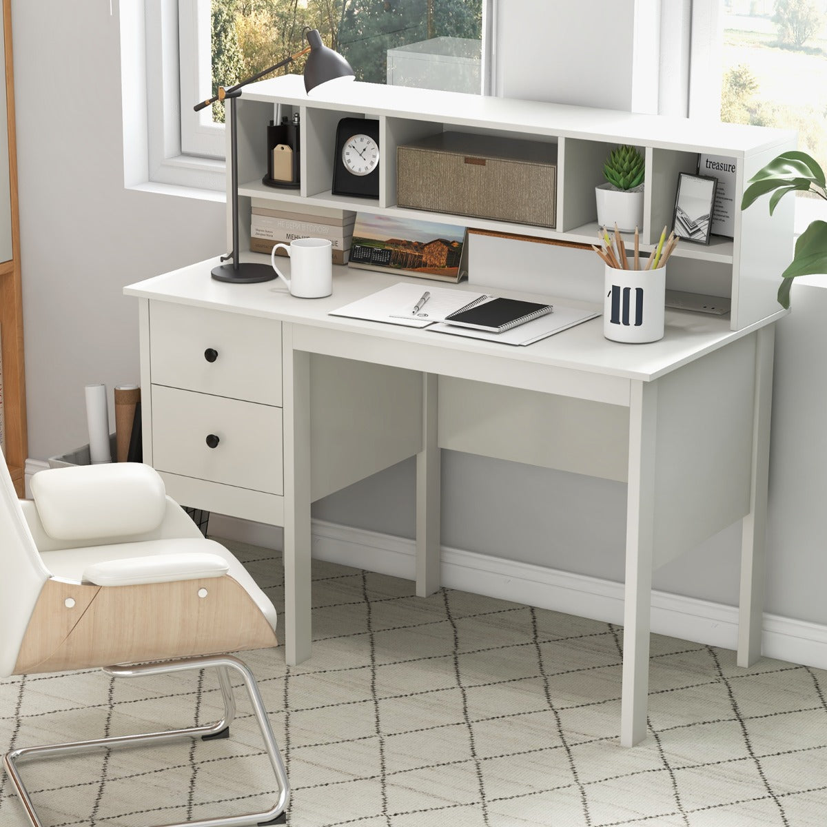 Computer Desk with Power Outlets and 5-Cubby Hutch-White