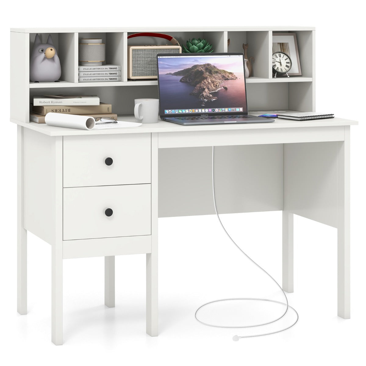 Computer Desk with Power Outlets and 5-Cubby Hutch-White