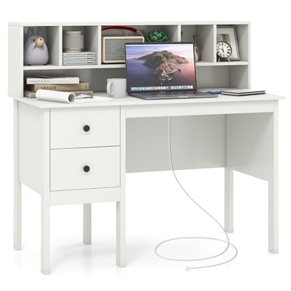 Computer Desk with Power Outlets and 5-Cubby Hutch-White
