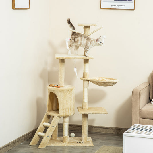 PawHut Multi-Level Cat Tree with Scratching Post, Ladder, Cat House, Beige