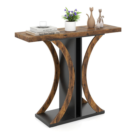 Console Table with a rustic brown rectangular top and geometric black and brown frame
