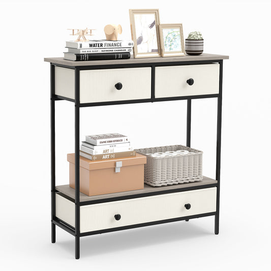 Console Table with three fabric drawers and a lower shelf, styled with books and decor items