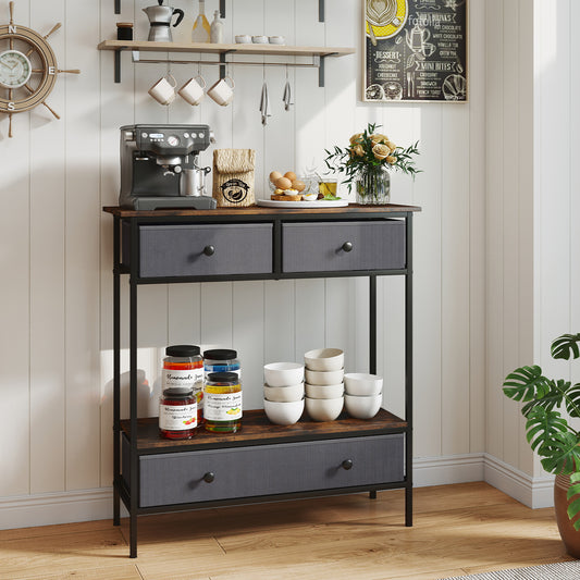 The entryway table styled as a coffee station in a kitchen with jars and bowls on the shelves