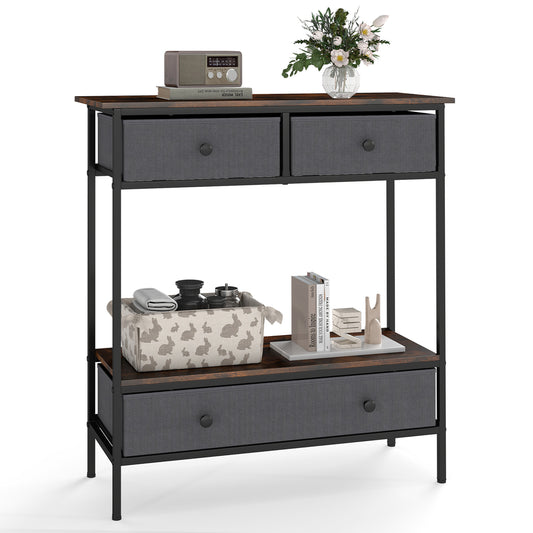 Console Table Industrial Entryway Table with 3 Fabric Drawers-Rustic Brown on a white background