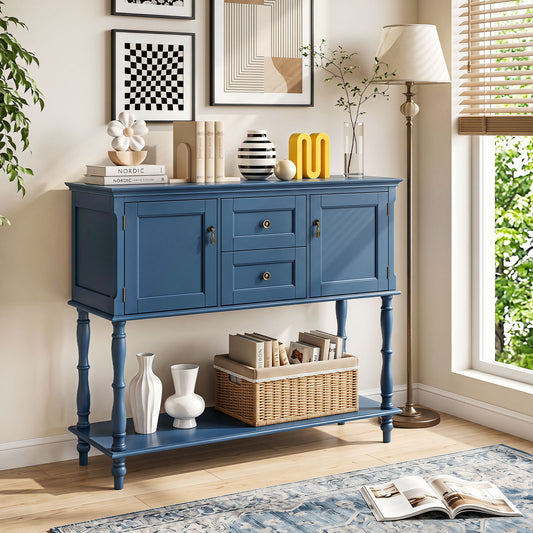 Blue console table with two drawers and two cabinets, styled in a living room