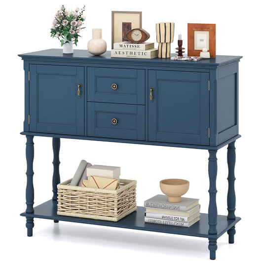 Console Table with two drawers and two door cabinets on a shelf, in blue