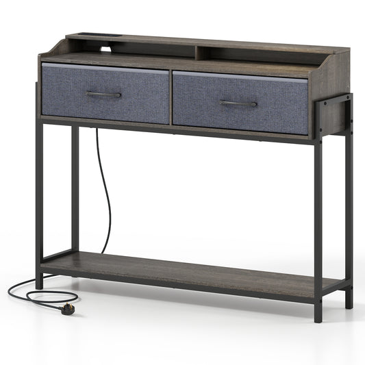 Console Table with charging station and two grey drawers, with a shelf below