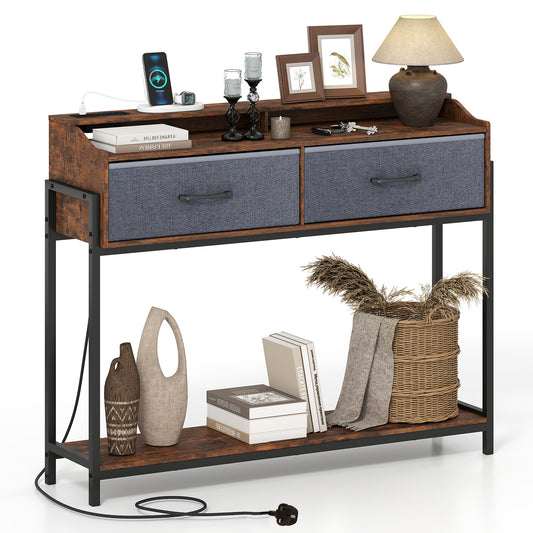 Console Table with Charging Station 110cm Entryway Table with 2 Drawers-Rusticbrown, front view with charging ports on top