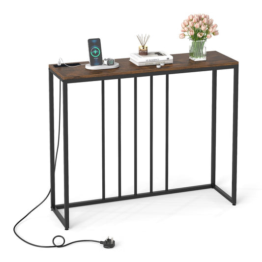 Console Table with charging station and power outlets in rustic brown finish