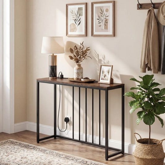 Rustic brown console table with black metal frame in a hallway setting