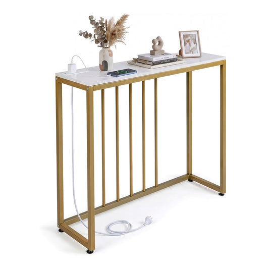 Console Table with charging station and power outlets in white with gold legs