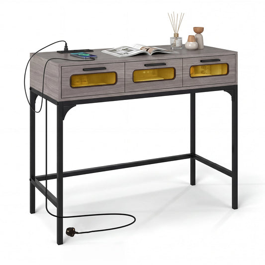 Console Table with charging station, drawers and LED lights in grey wood effect finish with black metal legs