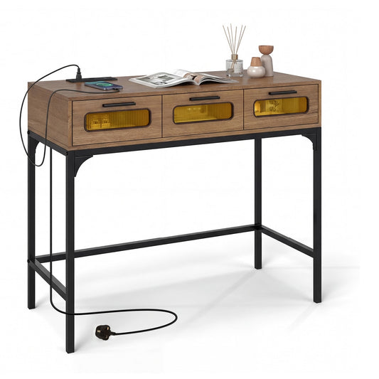 Console Table with charging station, drawers and LED lights in natural wood effect with black legs