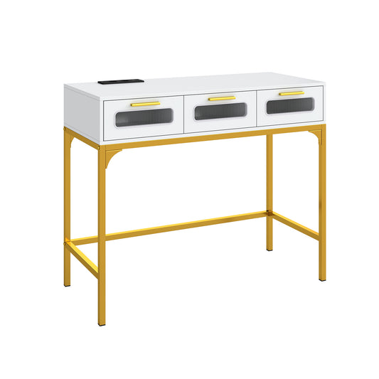 Console Table with three drawers and a gold metal frame against a plain white background