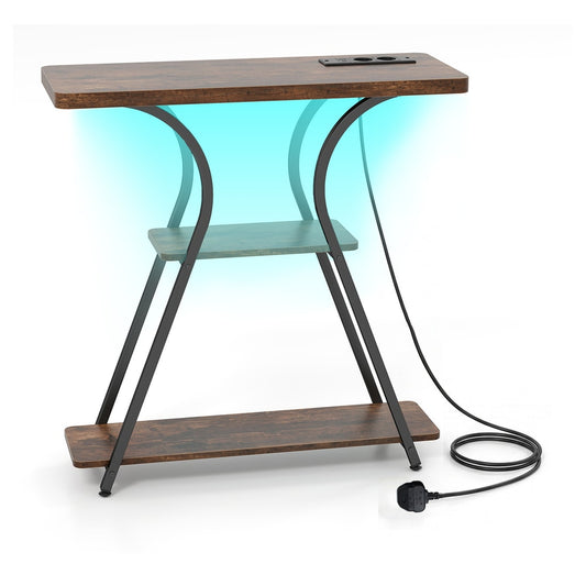 Console Table with LED lights and power outlets in rustic brown finish