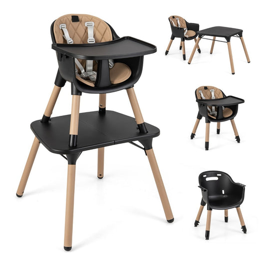 Convertible baby high chair with 2-position removable tray in black, shown as a complete unit with a table