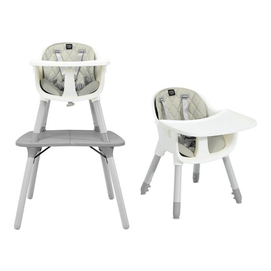 Convertible baby high chair with 2-position removable tray in grey, shown as a high chair and a separate table