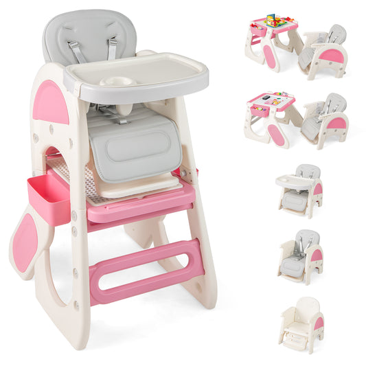 Convertible Baby High Chair in pink and white with a double tray and adjustable backrest