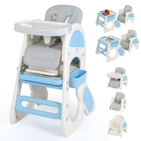 Convertible Baby High Chair shown assembled in blue and white with a removable tray and adjustable footrest