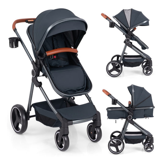 Convertible Baby Stroller with Footmuff and Extendable Canopy in dark blue, shown from the front with the canopy extended