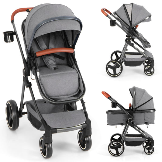 Convertible Baby Stroller with Footmuff and Extendable Canopy in grey, front three-quarter view