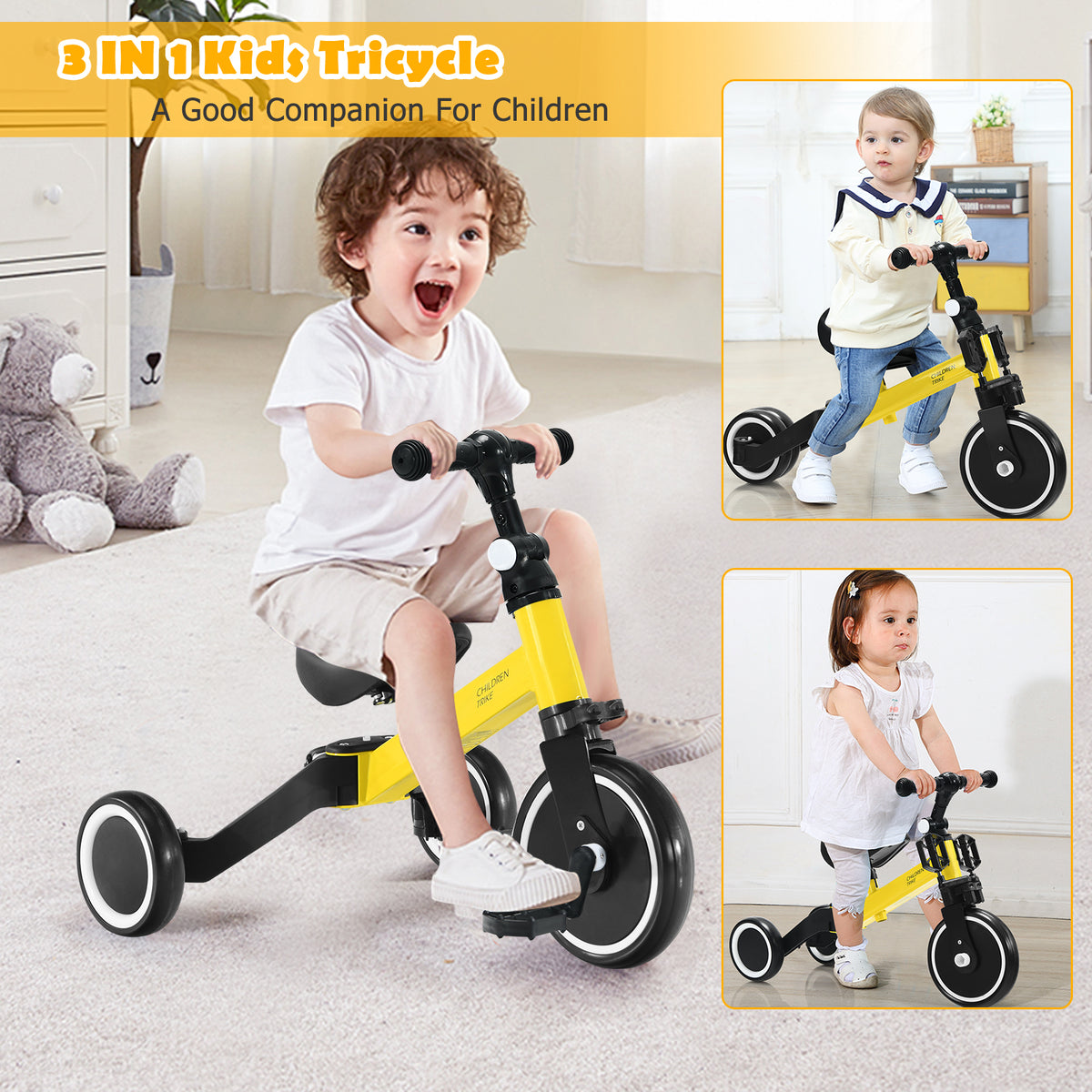 Yellow kids trike in use by two children indoors, one riding and one standing