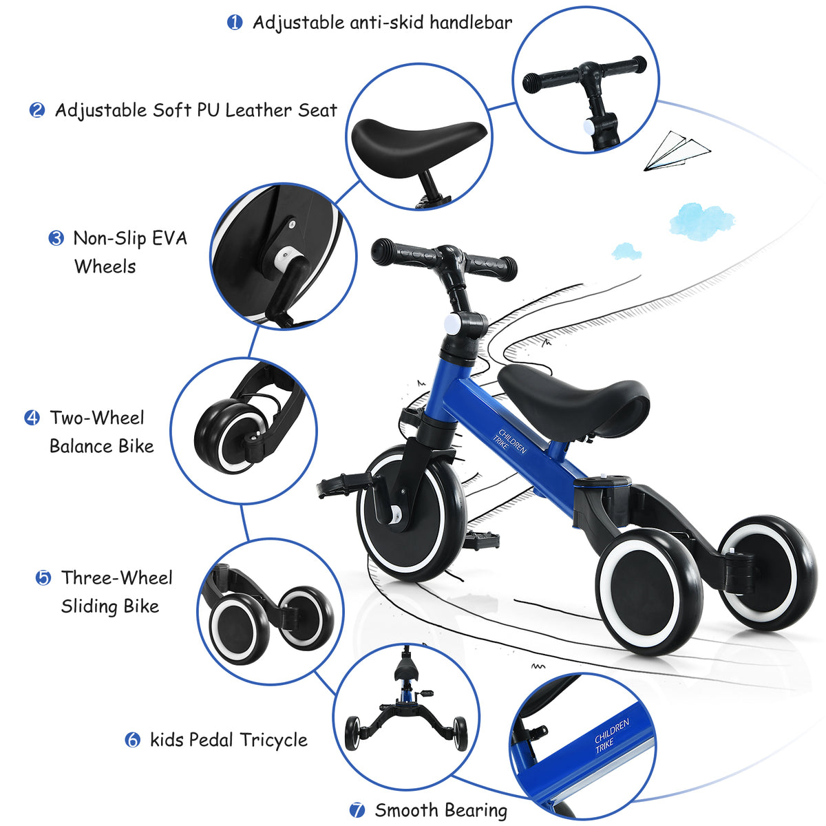 The blue balance bike in its various configurations as a two-wheel or three-wheel ride