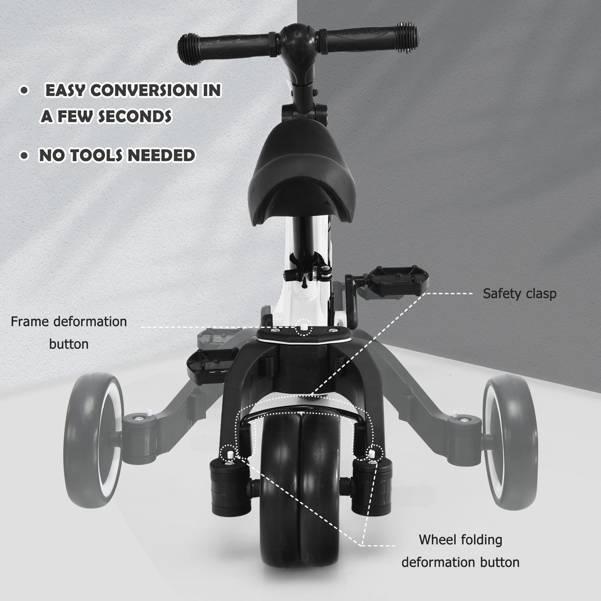 The white kids trike with pedals, showing how to convert it with text and arrows
