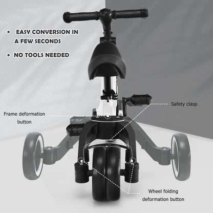 The white kids trike with pedals, showing how to convert it with text and arrows