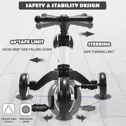 Safety and stability design of the balance bike, showing steering limits and wheel structure