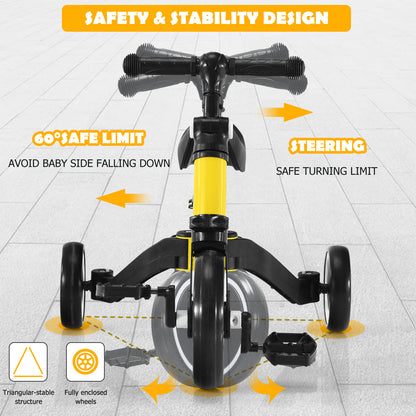 Front view of the yellow kids trike showing steering and stability features