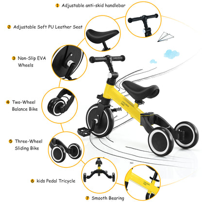 Yellow balance bike with labelled parts including adjustable handlebar and PU leather seat