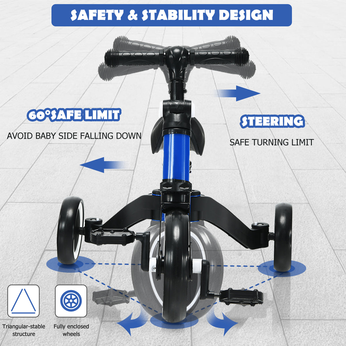 The blue balance bike showing steering limits and stable structure