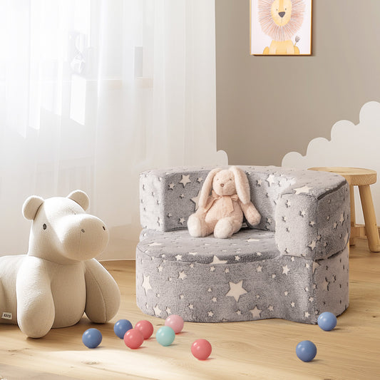 The kids sofa placed in a nursery with a plush toy and scattered colourful play balls