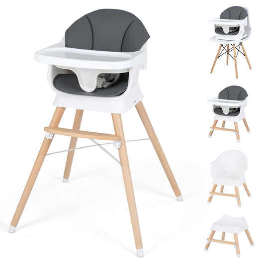 Convertible High Chair for babies and toddlers in grey with wooden legs