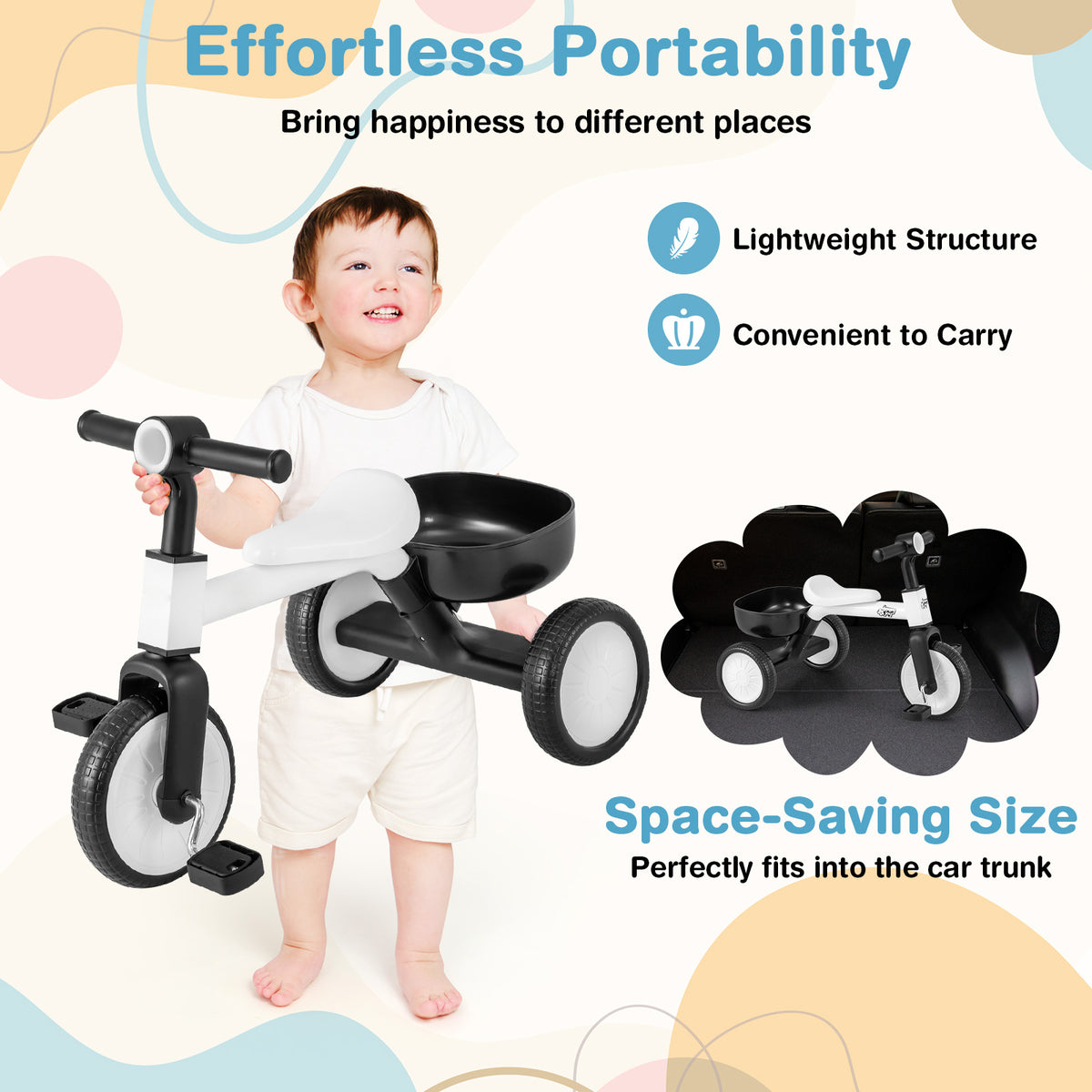 A baby next to the white and black convertible kids tricycle, showing space-saving size