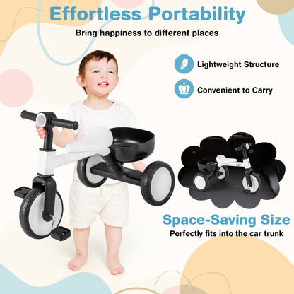 A baby next to the white and black convertible kids tricycle, showing space-saving size