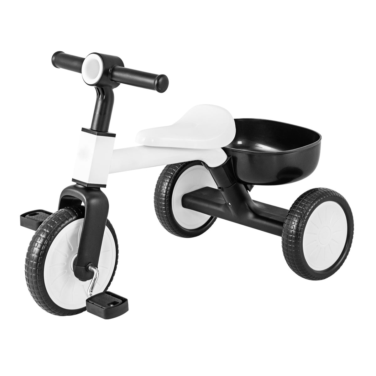Convertible Kids Tricycle Toddler Trike in white and black with a storage basket
