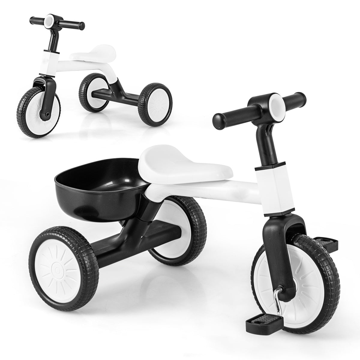 Two views of the white and black convertible kids tricycle with storage basket