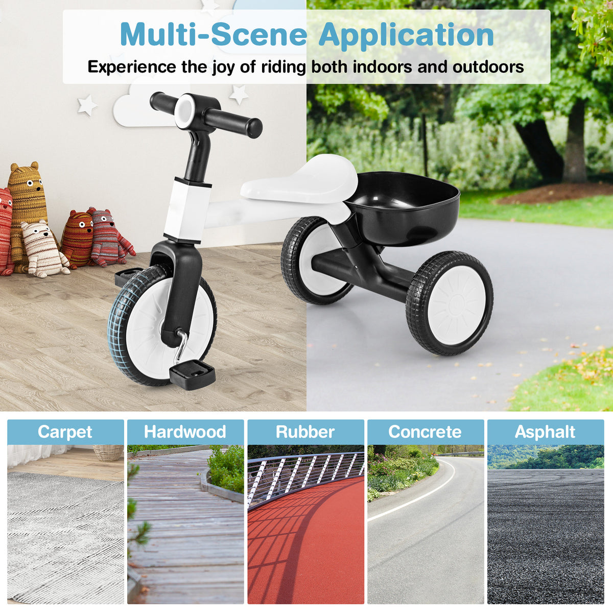 Multi-scene application of the white and black toddler trike on different surfaces